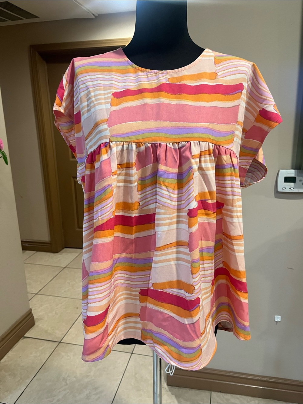 Striped Pink Short-Sleeve Babydoll Blouse - Small